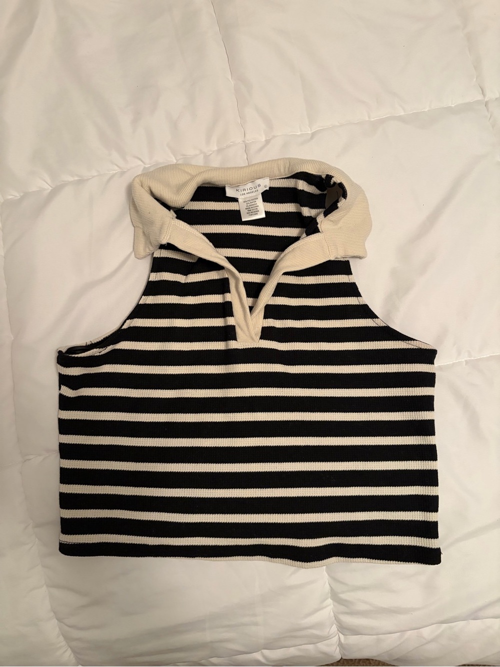 Striped Sleeveless Collared Knit Top - Black & Cream